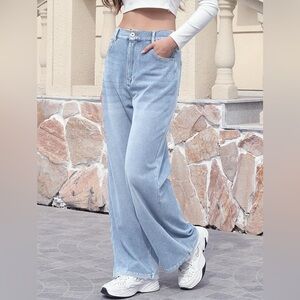 ELLEVEN High Stretchy Sweatpant Elastic Waist Wide Leg Baggy Knit Jeans Straight